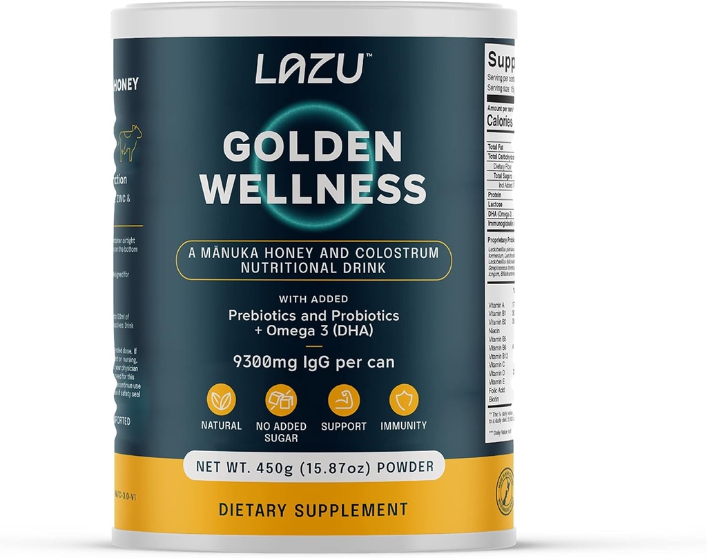 Lazu Golden Wellness Colostrum Suplemento, Grass-Fed Bovine Colostrum Powder (310mg IgG & lactoferrina), NZ Monofloral Manuka Honey (200MGO), Vitaminas promueve Gut Health & Athletic Performance - 450g