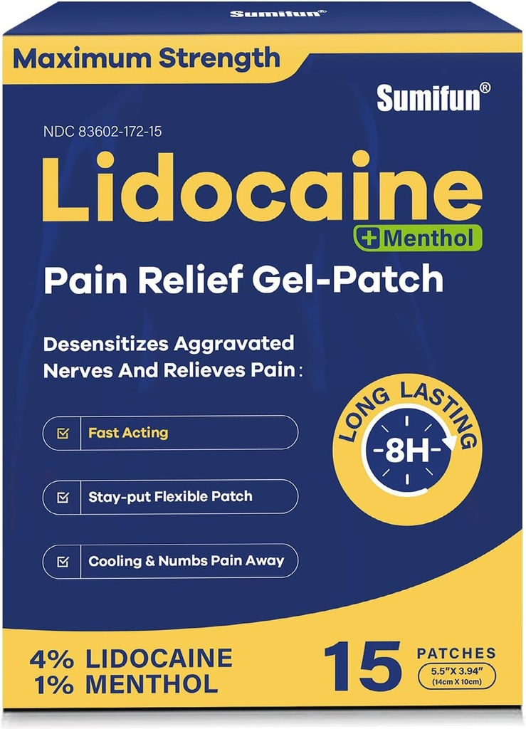 Sumifun 4% Lidocaine Patches Plus 1% Menthol - 15 Cuentas Maximum Strength OTC Pain Relief Patches for Back Ache Stiff Neck Joint Pain Muscle Soreness Topical Analgesic