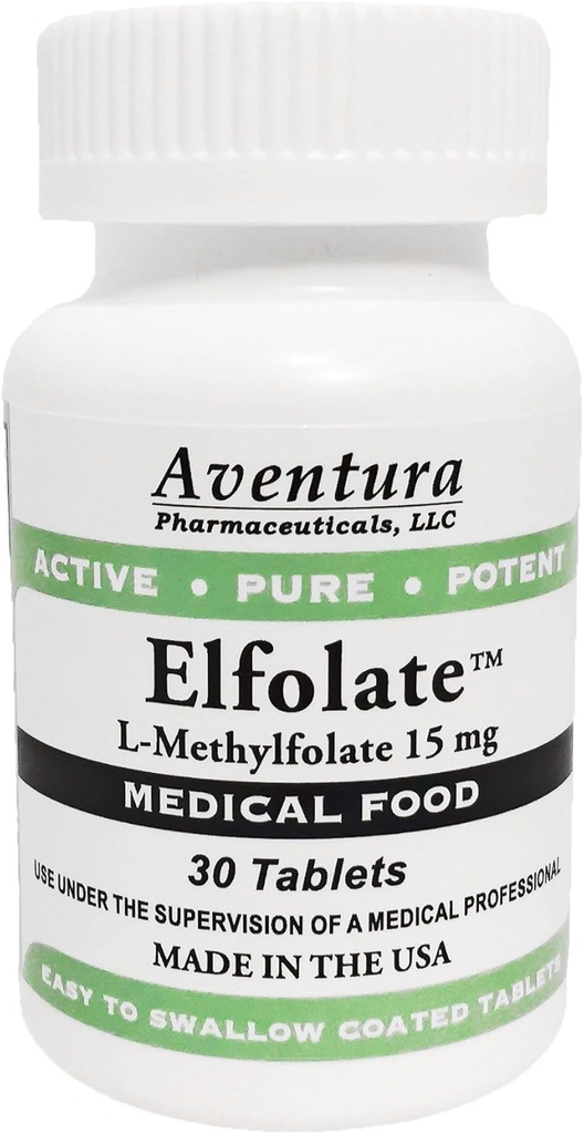 ELFOLATE® 15mg L-Methylfolate Methyl Folate Methylfolate Medical Food Supplement Professional Strength Active Pure Potent 30 Tablets
