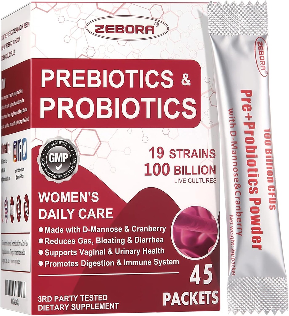 ZEBORA Probiotics-for-Women 100-Billion-CFUs with Prebiotics, D-Mannose " Cranberry for Digestive, Immune, Feminine UT Health Support, Ultimate Probiotic Women's Care, Soy " Gluten Free, 45 Packets