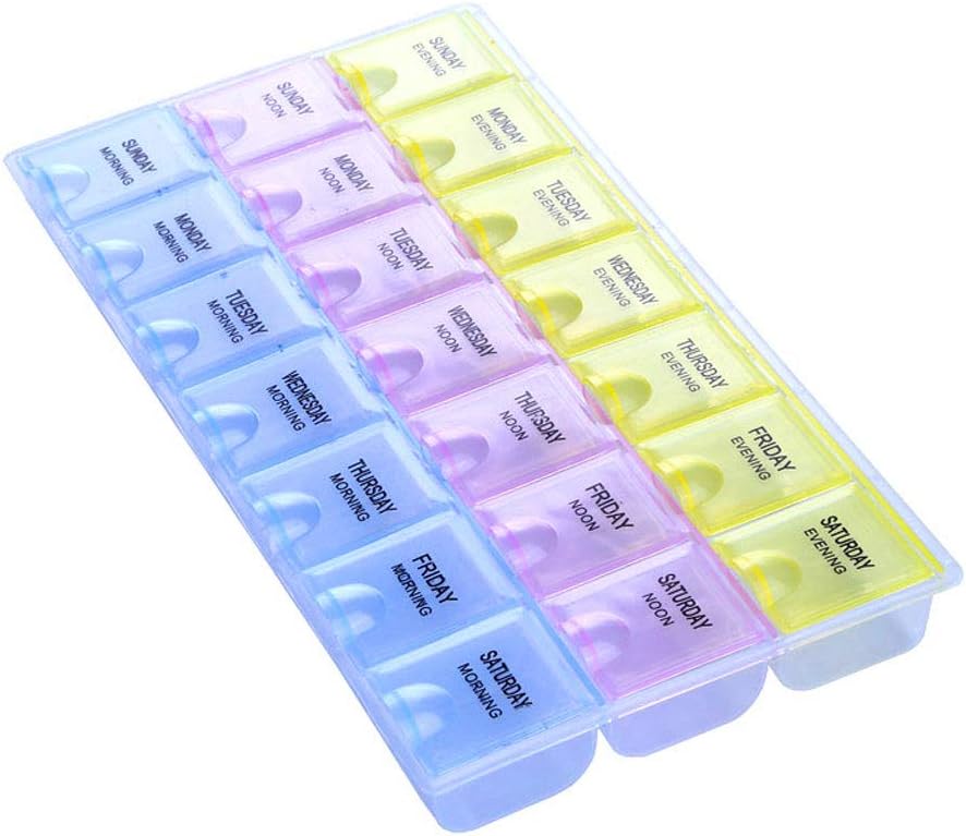 Caja de píldoras semanales de 7 días con organizador de pastillas de recordatorio de medicamentos - Noon de mañana Evening Daily 21