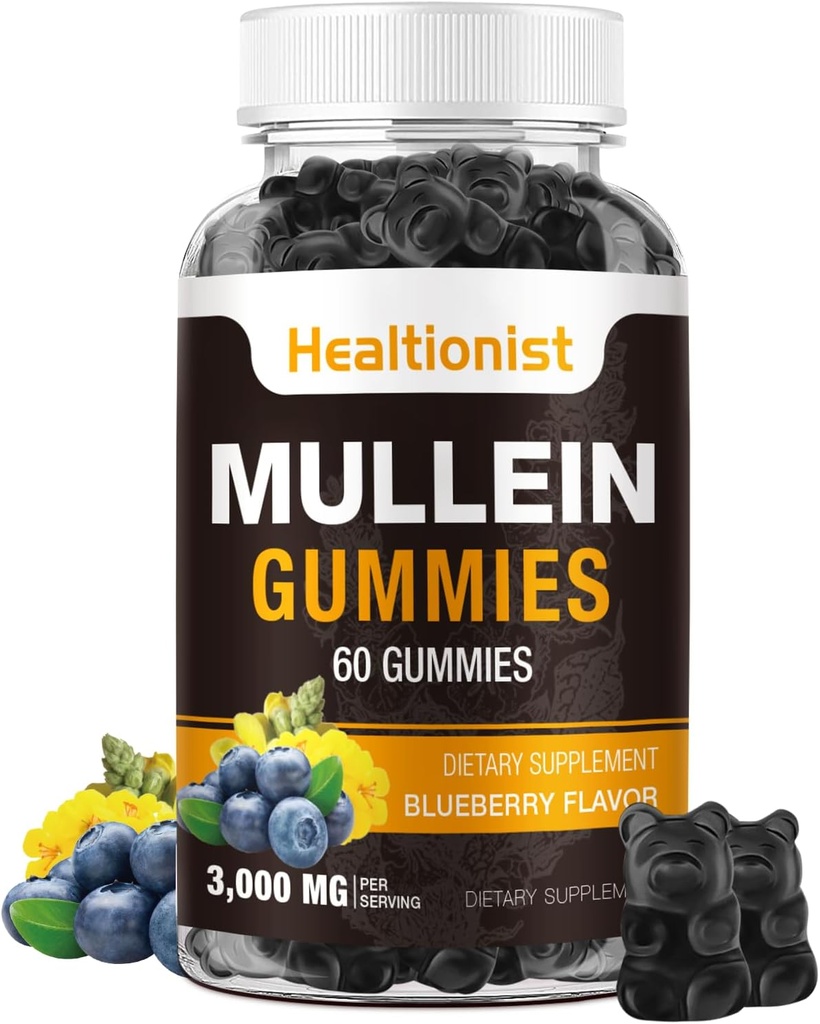 1 Pack Sugar Free Mullein Gummies - Lung Cleanse, 3000MG Mullein Supplement for Respiratory, Organic Mullein Drops Gummy with Quercetin & Bromelain for Lung, Digestive Health & Immune 90Ct