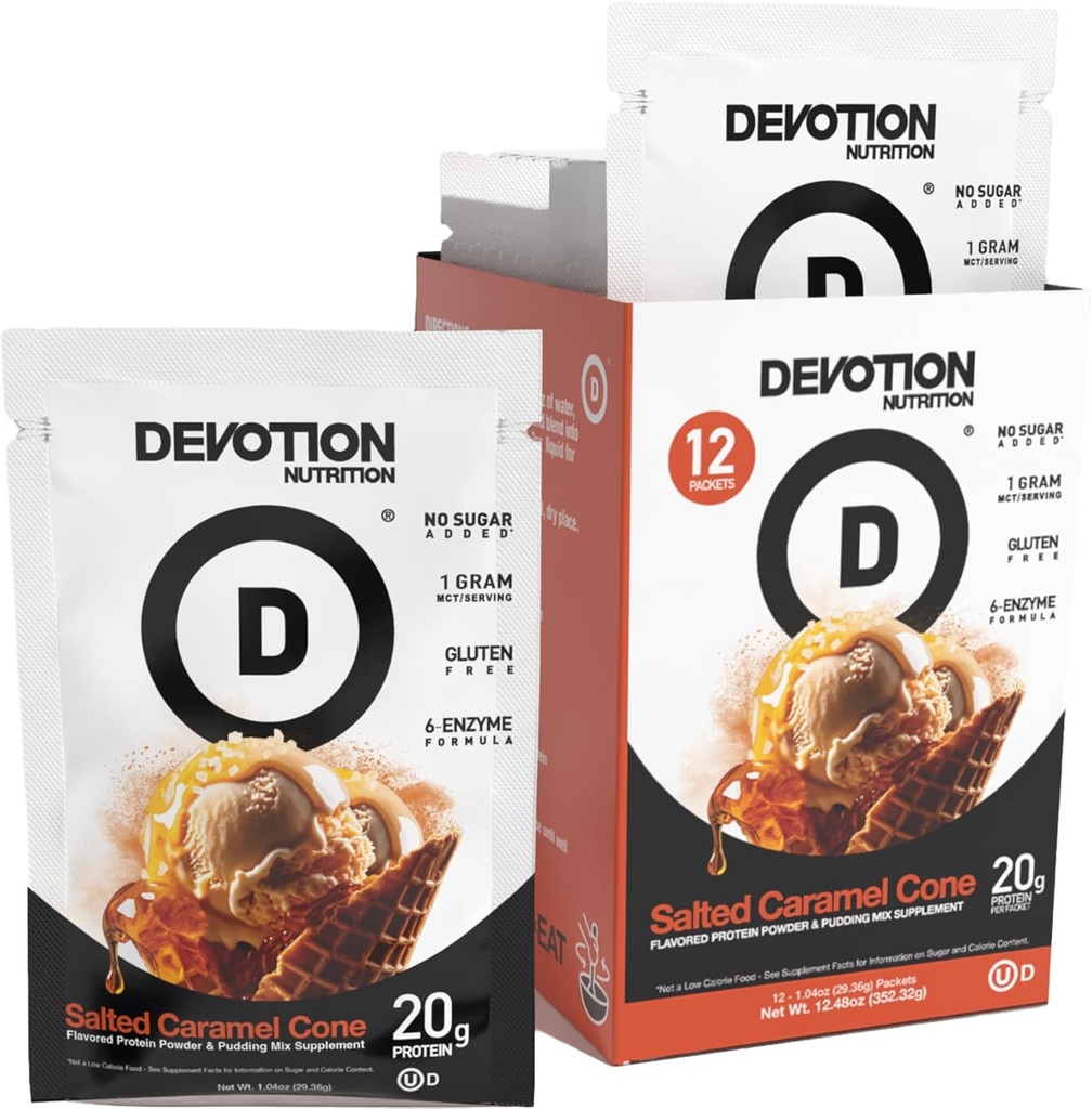 Devotion Nutrition Protein Powder Blend ← Gluten Gratis, Keto Friendly, No Añadido Sugars ← 1g MCT  20g Whey &amp; Micellar Protein ← 12 Count Packets (Salted Caramel Cone)