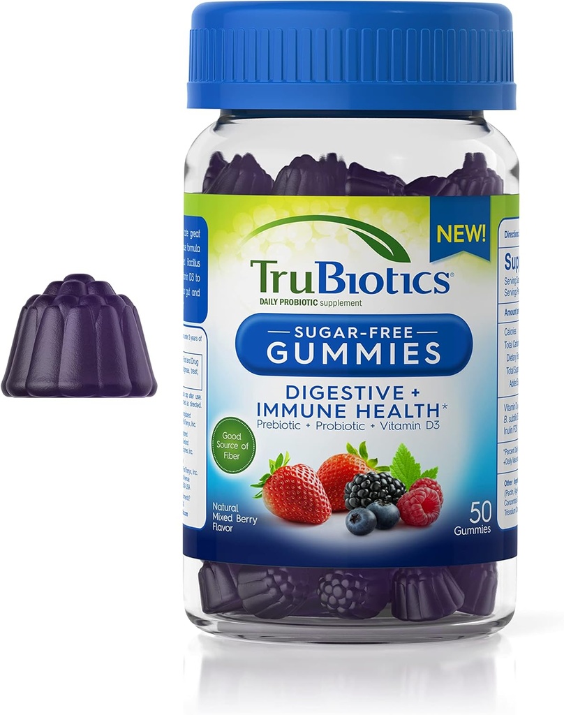 TruBiotics Gummies Probióticos con Prebióticos " Vitamina D3, Goma Libre de Azúcar para la Salud Digestiva e Inmunitaria de Hombres " , apoya la regularidad " ayuda a aliviar el malestar abdominal menor, 50 gummies
