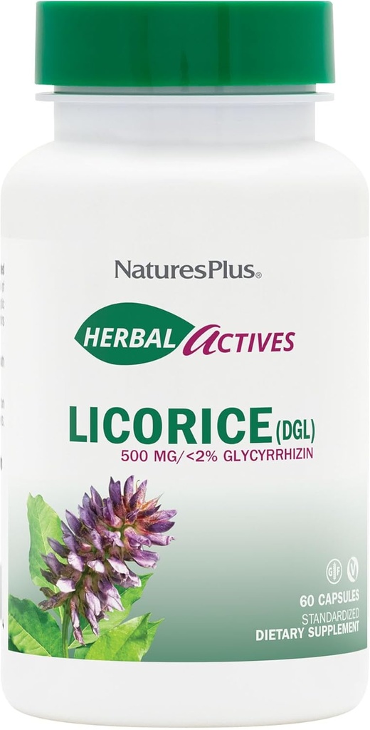 NaturesPlus Herbal Actives Licorice (DGL) 500 mg - 60 Capsules, Pack of 4 - Supports Healthy Digestion &amp; General Well-Being - Vegetarian, Gluten Gratis - 240 Total Servings