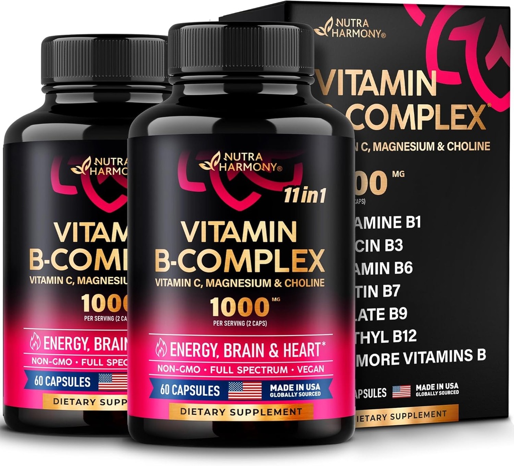 Complejo de vitamina B para hombres y mujeres - Hecho en EE.UU. - 11 en-1 B-Complex: B1, B2, B3, B6, B7, B8, B9, B12 con vitamina C, Choline, Inositol - Energy, Brain &amp; Heart Support Suplemento - Pack de 2