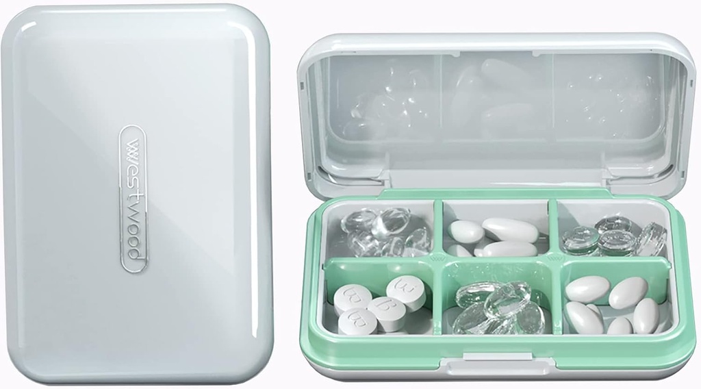 Travel Pill Organizer Moisture Waterproof Small Pill Box for Pocket Purse 6 Compartments Portable Pill Case Medicine Vitamin Holder Container (White, 6 Compartments)