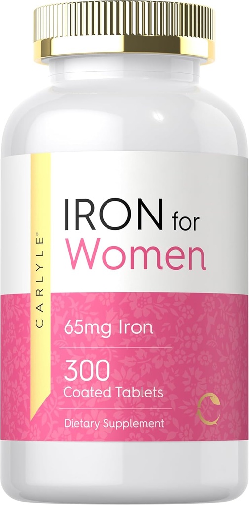 Carlyle Iron Supplement for Women 65mg TEN 300 Coated Tablets TEN Vegetarian, Non-GMO &amp; Gluten Free