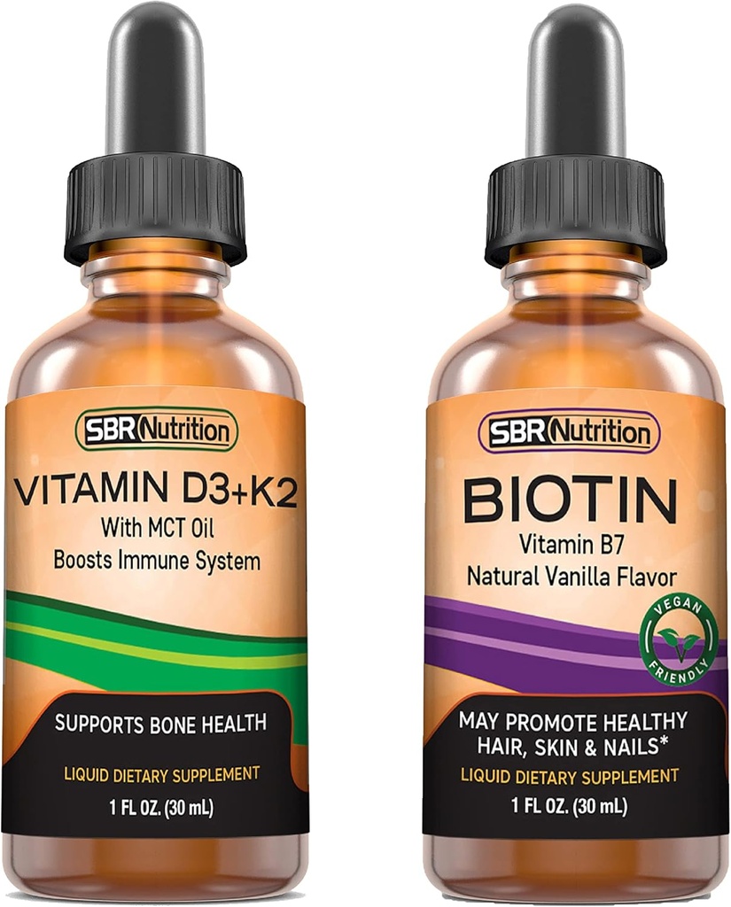 SBR Nutrition D3+K2 and Biotin Bundle Vitamin D3K2 (MK7) Liquid Drops, Peppermint, 1oz ANTE Biotin 5000mcg Liquid Drops, Vanilla 2oz Silencioso para adultos &amp; niños