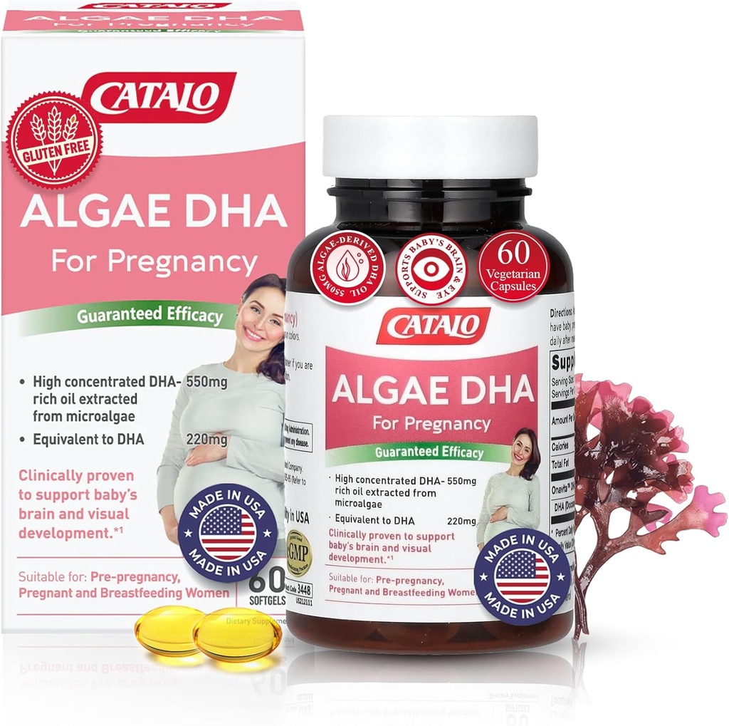 CATALO Omega 3 Algae DHA for Women - 550mg DHA-Rich Oil from Microalgae, Ideal for Prenatal, Pregnancy & Breastfeeding, Vegetarian Softgels, Gluten-Free - 60 Softgels