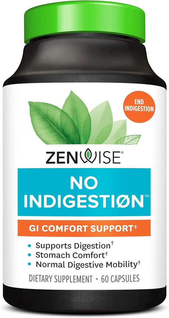 Zenwise No Indigestion - Indigestion Relief with Digestive Enzymes, Apple Cider Vinegar, Ginger, and Peppermint for Gut Health, Constipation and Bloating, Vegan Fiber Supplement Women and Men