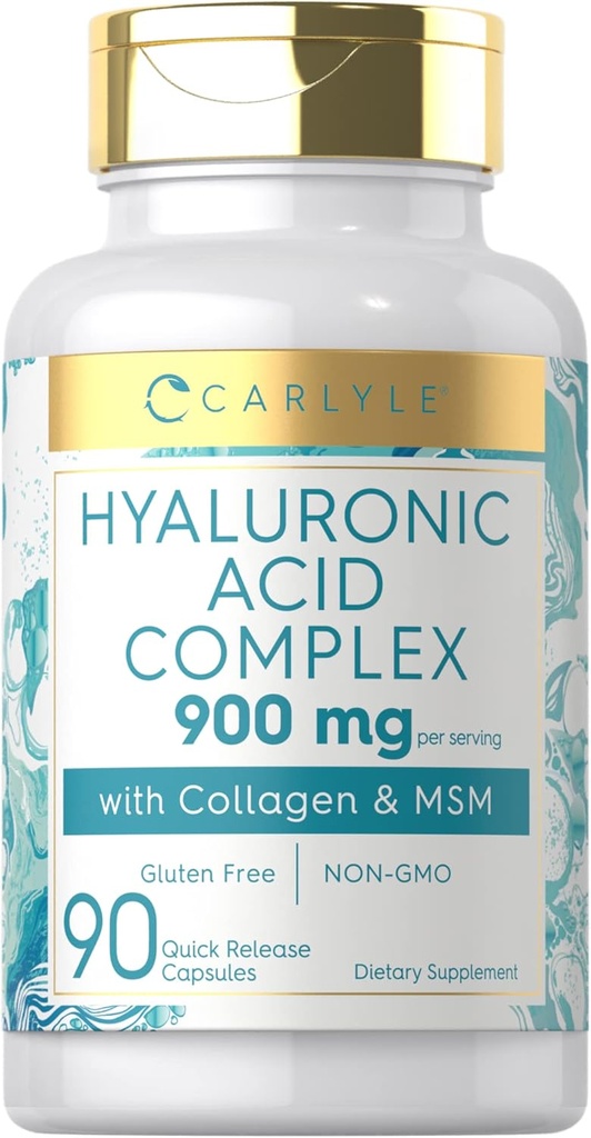 Complejo de ácido hialurónico de Carlyle 900 mg TENIDO con Collagen y MSM TEN 90 cápsulas TENIDO NO GMO, Gluten Suplemento gratuito
