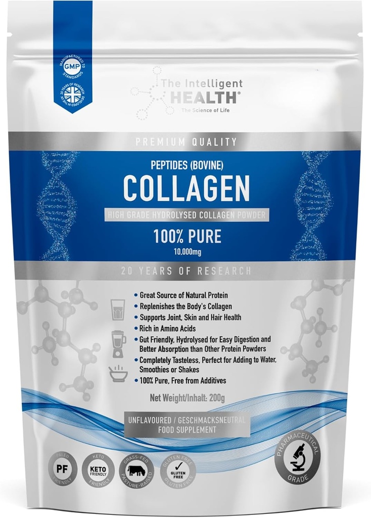 El Intelligent Health Hydrolyzed Collagen Peptides Powder, Grass Fed, High Protein, Unflavored, Gluten-Free, Paleo & Keto Friendly, 10g por Serving (200g) soporta Skin, Hair, Nails, Joints, " Bones