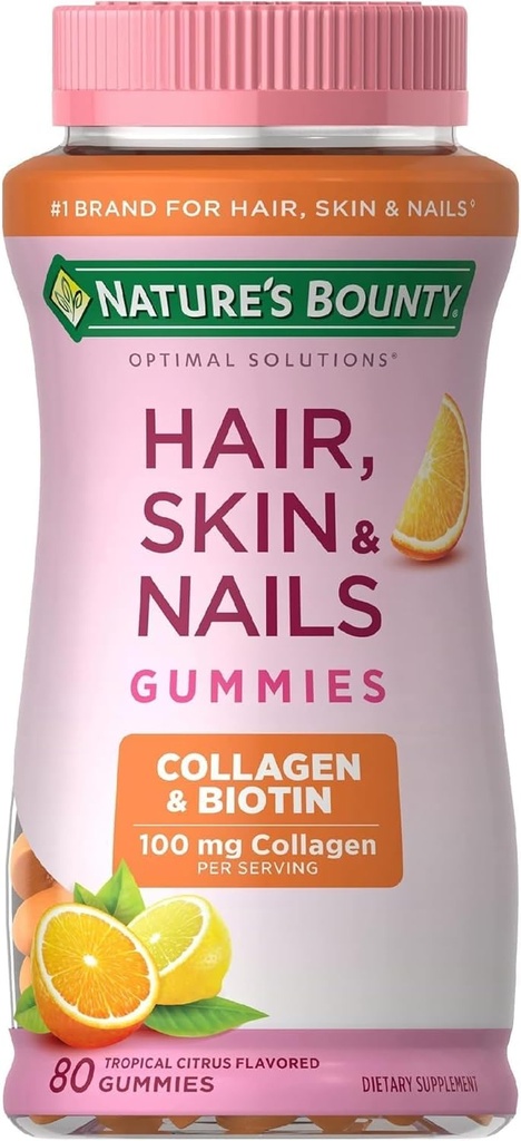 Cabello de recompensa de la naturaleza, uñas de piel con biotina y colágeno, soporta la piel del cabello y la salud de uñas, 2500 mcg, citrus sabored Gummies, 140 Ct