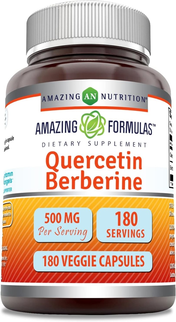 Amazing Formulas Quercetin Berberine - 250mg Berberine y 250mg Quercetin, 180 Veggie Capsules Suplemento ← Non-GMO ANTE Gluten Free ← Hecho en EE.UU.