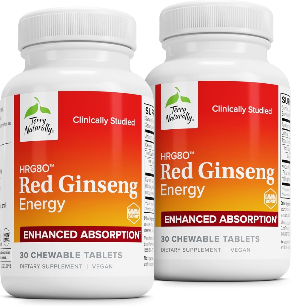 Terry Naturalmente HRG80 Red Ginseng Energy - Support Healthy Energy & Focus - Suplemento herbal con coreano Red Ginseng Root Powder - Tablets to Aid Healthy Endurance - 30 Chewable Tablets (Pack of 2)