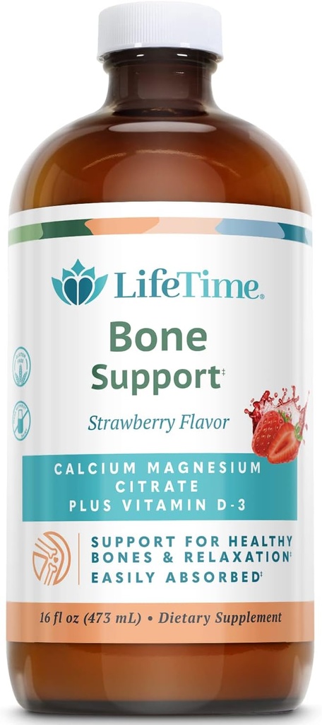 Lifetime Bone Support, Calcium Citrate, Magnesium Citrate and Vitamin D-3, Relaxation, Bone and Muscle Support Formula, Easy Absorption, Made Without Dairy and Gluten Free, Strawberry Flavor, Approximately 32 Servings, 16 FL OZ