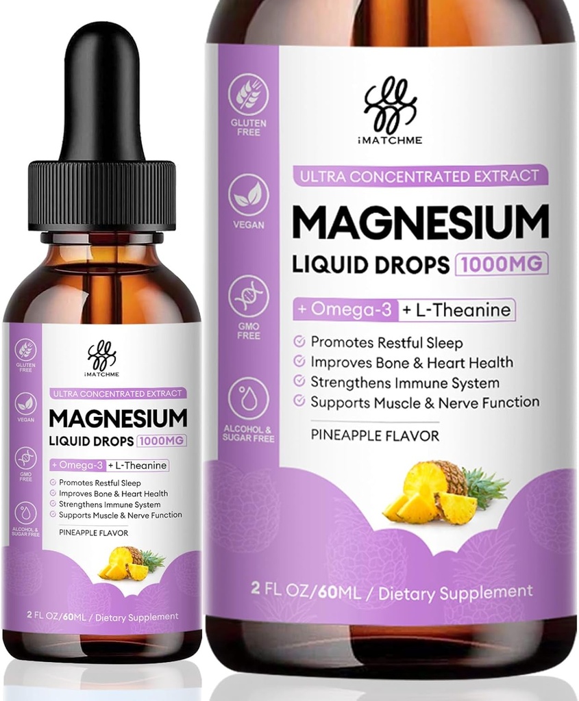 Complejo de Magnesio, Glycinate de Magnesio, Oxide, Taurate y Citrate gotas líquidas para Hueso, Corazón, Musculo, Inmune, Energía, Digestión del sueño, Absorción alta, Flavor de Piña sin azúcar, 2 Fl Oz