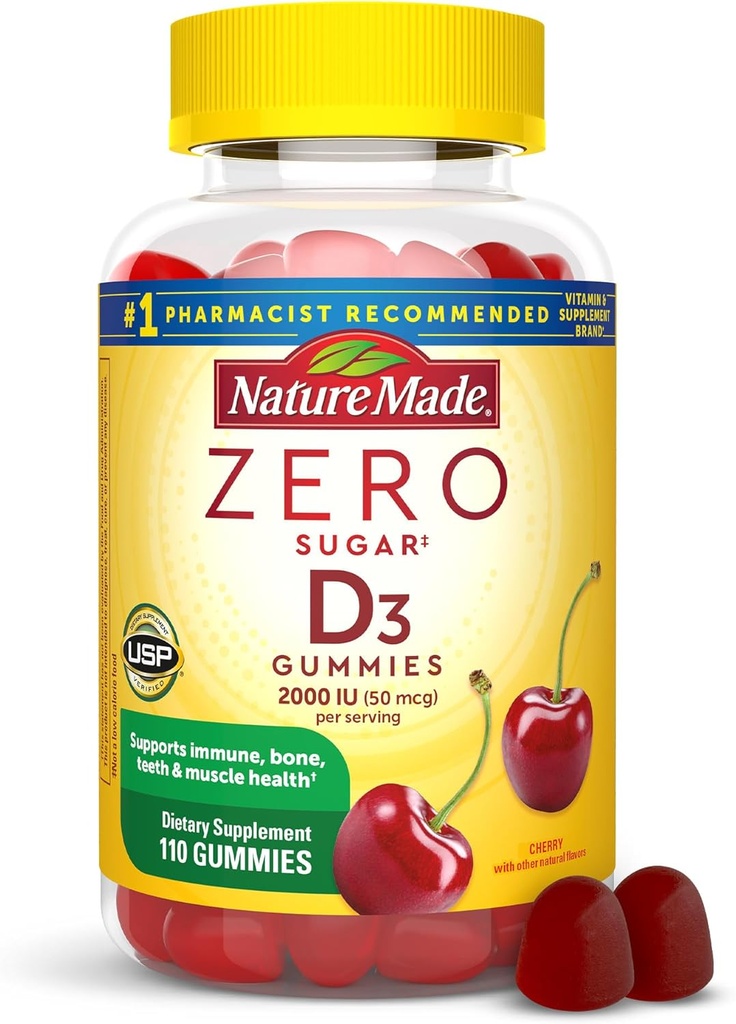 Nature Made Zero Sugar Vitamina D3 Gummies 2000 UI (50 mcg) Por Serving, Bone &amp; Immune Support, Aspartame Free, 110 Vitamina D Gummies, 55 Day Supply