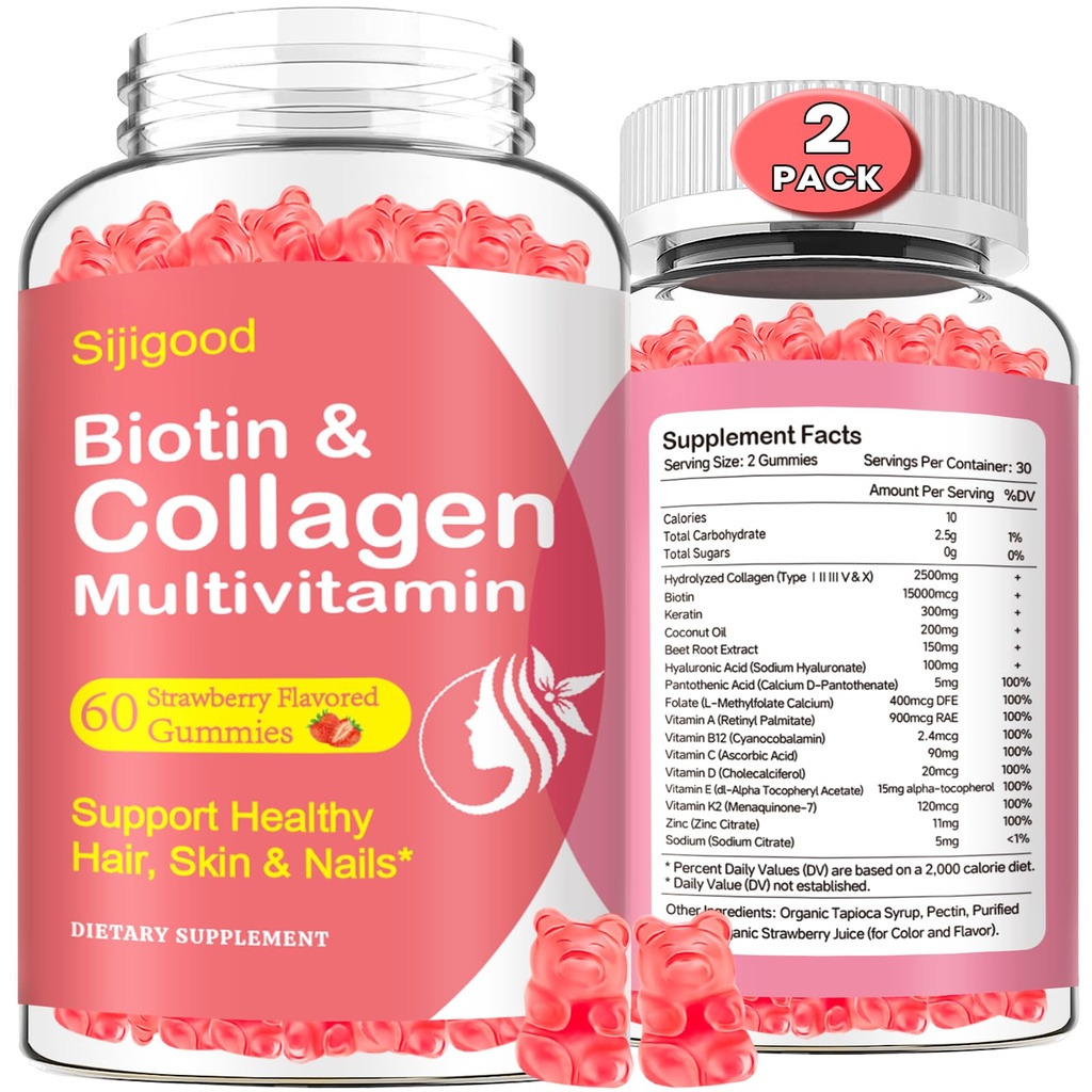 2 Pack Collagen Gummies for Women Men, Hydrolyzed Collagen Peptides Tipos I,II,III,V,X con Biotina & Ácido Hialurónico, Vitaminas C A D E B12 K2 Soporte, Libre de azúcar para uñas de pelo de piel Immunity Energy