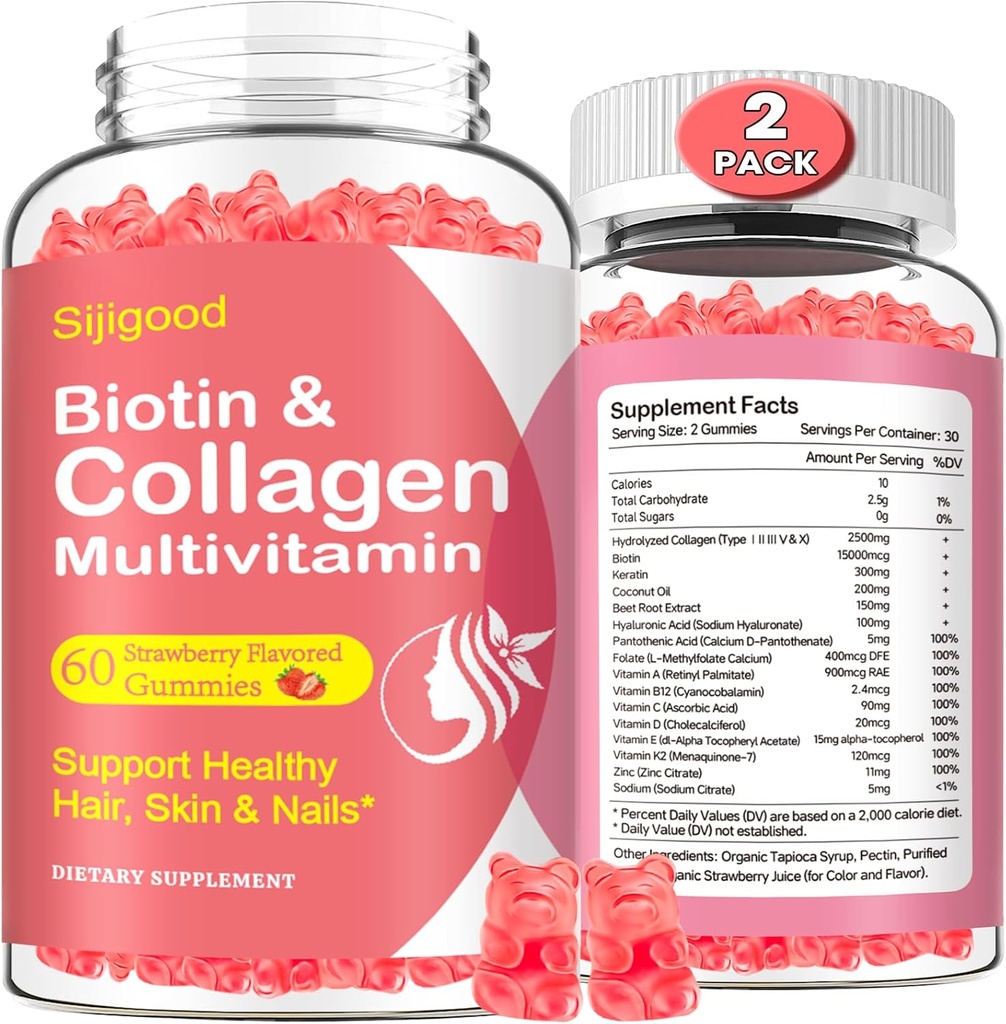 2 Pack Collagen Gummies for Women Men, Hydrolyzed Collagen Peptides Tipos I,II,III,V,X con Biotina & Ácido Hialurónico, Vitaminas C A D E B12 K2 Soporte, Libre de azúcar para uñas de pelo de piel Immunity Energy