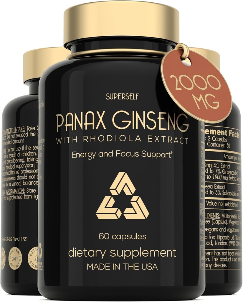 Panax Ginseng and Rhodiola Rosea 2000mg - Korean Ginseng High Strength 60 Capsules - Herbal Supplement for Men & Women - Energy Complex with Ginseng Root Extract Standardized 7% Ginsenosides - US Made