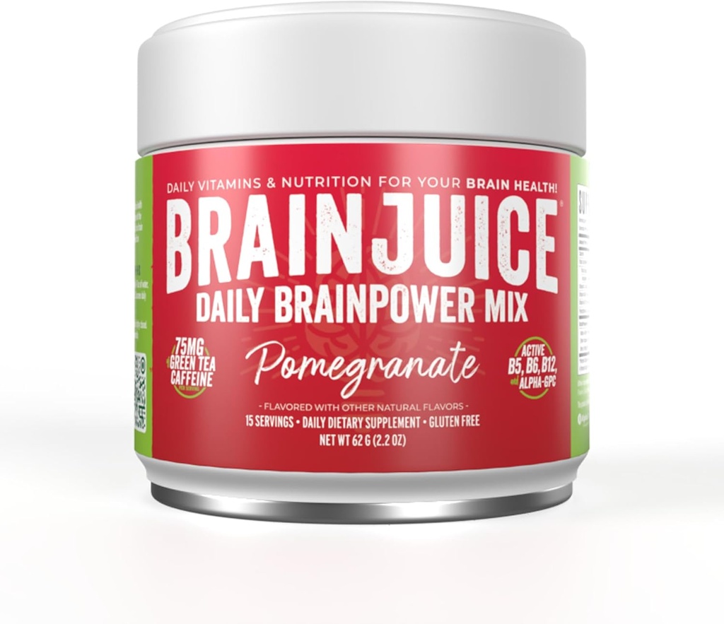 BrainJuice Nootropics Brain Support Suplemento, Gluten Free Powder for Energy and Focus, Drink Mix with L Theanine, Alpha GPC, Vitamina B, Organic Green Tea Extract Caffeine, Pomegranate, 15 Servings