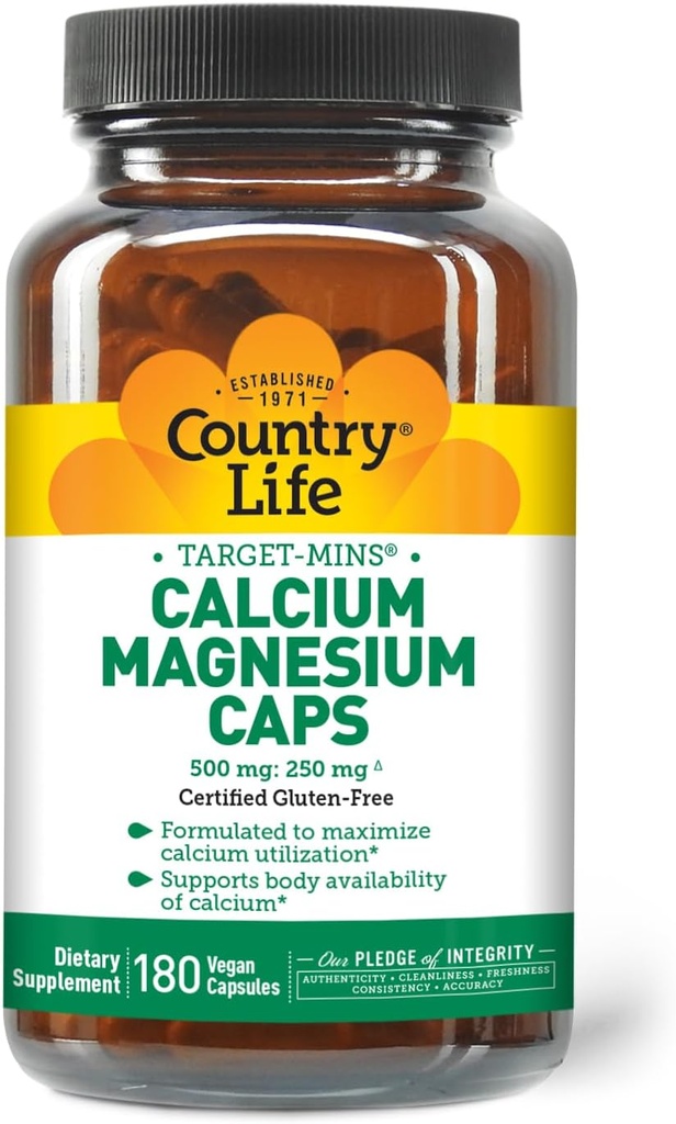 Country Life Target-Mins Complejo de magnesio de calcio - 1000 mg de calcio, 500 mg de magnesio, Suplemento libre de gluten para la salud ósea