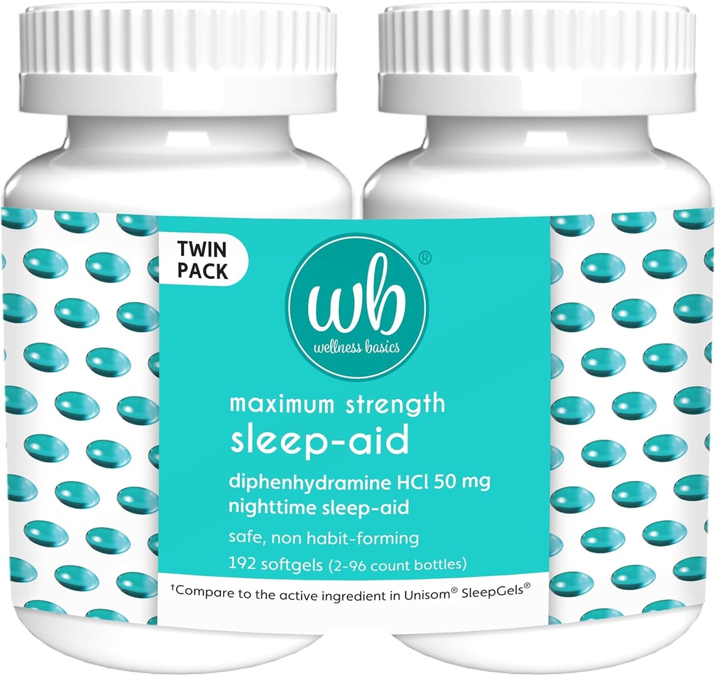 Wellness Basics Sleep Aid ← Maximum Strength Diphenhydramine HCl 50 mg  Non-Habit Forming ← Twin Pack -192 Total Softgels for Restful Sleep