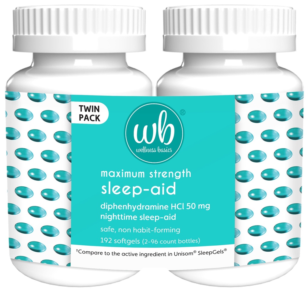 Wellness Basics Sleep Aid ← Maximum Strength Diphenhydramine HCl 50 mg  Non-Habit Forming ← Twin Pack -192 Total Softgels for Restful Sleep