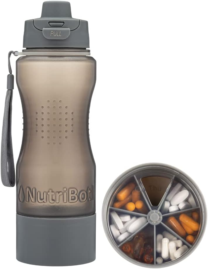 Organizador de botellas de agua de salud - 33oz Capacidad grande - Caso para píldoras Vitaminas Suplementos Tablas de medicamentos - Portable 7-Day Pillbox for Travel Gym Office Outdoor - w/Easy Carry Strap