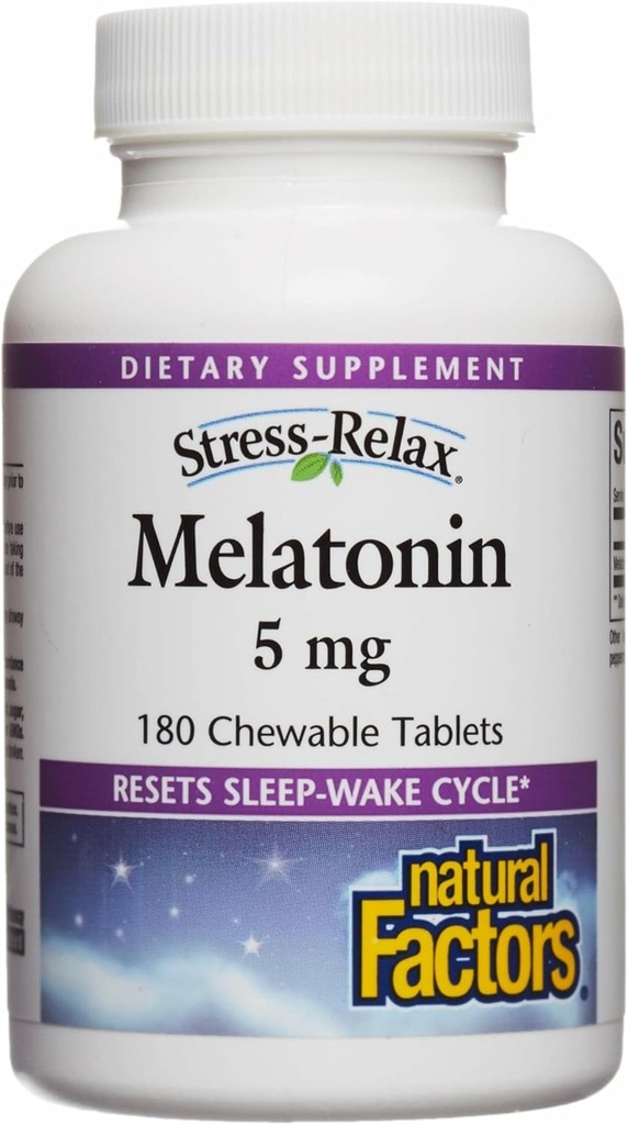 Stress-Relax Melatonin 5 mg by Natural Factors, Natural Sleep Aid, Resets the Sleep-Wake Cycle, 180 chewable tablets (180 servings), Peppermint Flavor