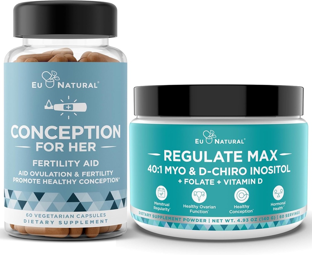 Concepción para sus capsules + Regular MAX Myo-Inositol D-Chiro Inositol Powder - Apoyo a la fertilidad, Equilibrio de hormonas, Ciclos regulados - 60 cápsulas blandas vegetarianas + 60 Servidores Polvo
