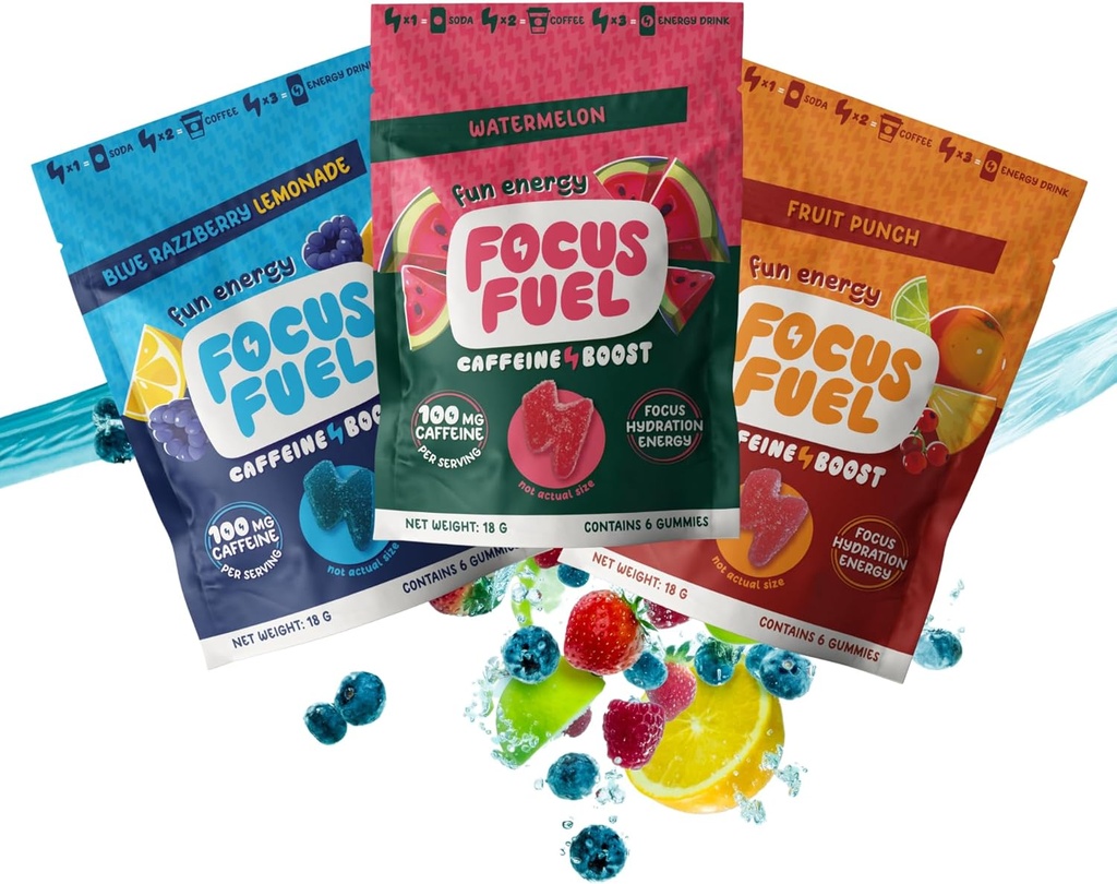 FocusFuel Energy Chews – Trial Size Variety Sample Pack (9 Servings) – 100mg Caffeine + Alpha GPC + L-Theanine + B12, Magnesium – Blue Razzberry Lemonade, Watermelon, Fruit Punch – No Crash o Jitters