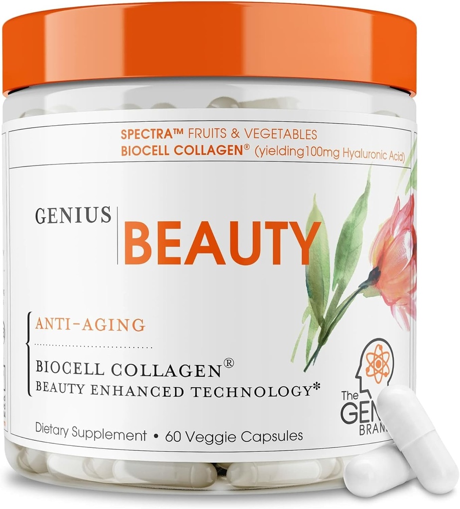 Genius Beauty, Hair Skin & Nails Vitaminas, 60 cápsulas - Antioxidante de envejecimiento Suplemento, Hidrolyzed Collagen Pills, Glutathione ' Astaxanthin - Detox Cleanse, Arrugas, Crecimiento del cabello &amp; Esquí saludable