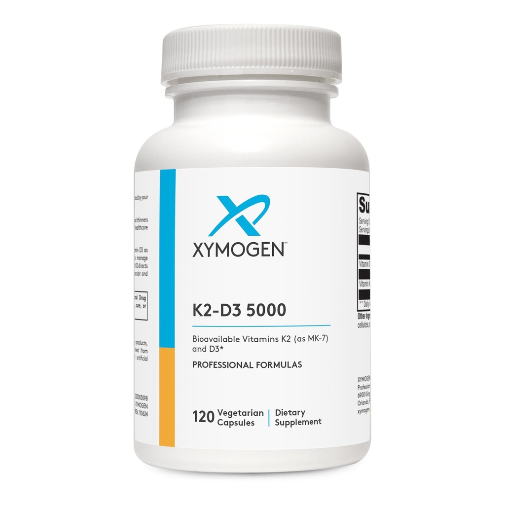 XYMOGEN K2-D3 5000 - Vitamin D3 K2 Supplement for Immune, Bone & Cardiovascular Support* - Non-GMO, Gluten Free, Vegetarian - 120 Capsules