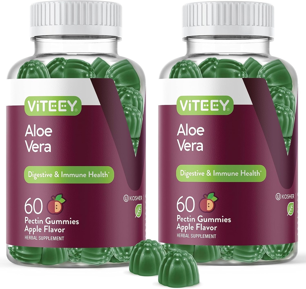 Viteey Aloe Vera Gummies for Adults - 50mg - Ayudas en la Digestión y la Salud Inmunitaria - Suplemento Aloe Vera - Vegan, Gelatin Gratis, Gluten Gratis, GMO Gratis, Tasty Chewable Raspberry Flavored Gummy