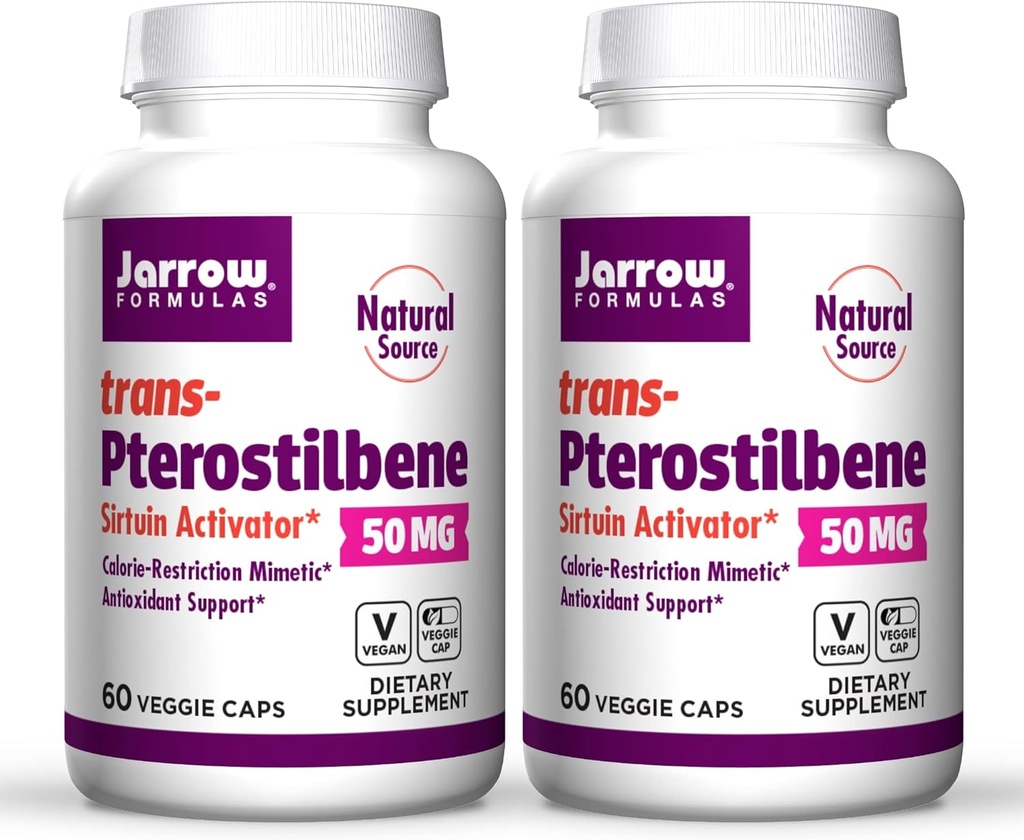 Jarrow Formulas trans-Pterostilbene, 50 Milligrams Por Serving, 60 cápsulas vegetarianas. Paquete de 2 botellas