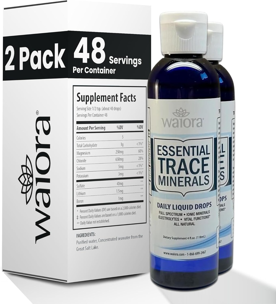 Waiora Essential Trace Minerals ← Ayuda Replenish Lost/Depleted Mineral TEN 60+ Ionic Trace Minerals ← Soportar las funciones vitales del cuerpo, pH Balance TEN Plus Electrolytes for Hydration (2 Bot / 96 serv)