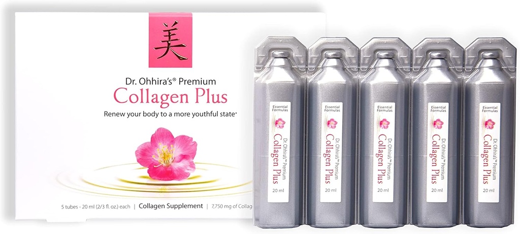 Collagen Premium del Dr. Ohhira. Un suplemento de colágeno fácilmente mezclable líquido con 7,750 mg de péptidos de colágeno marino, más extracto de flor de cereza, y un concentrado Probiótico de base vegetal, 5 paquete