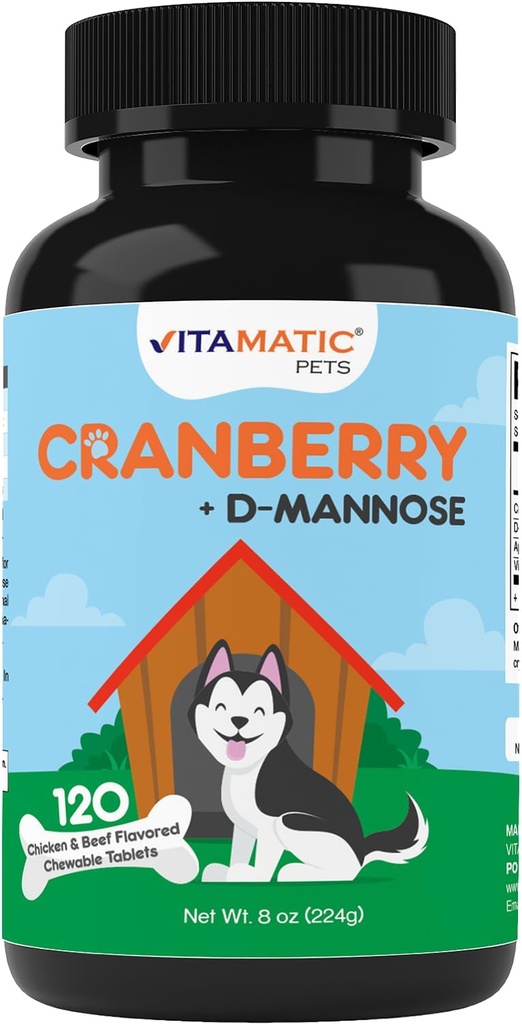 Vitamatic Cranberry for Dogs – 120 Chewable Tablets – con D-Mannose, Apple Cider Vinegar & Vitamina C – Urinary Tract &amp; Bladder Support for Dogs