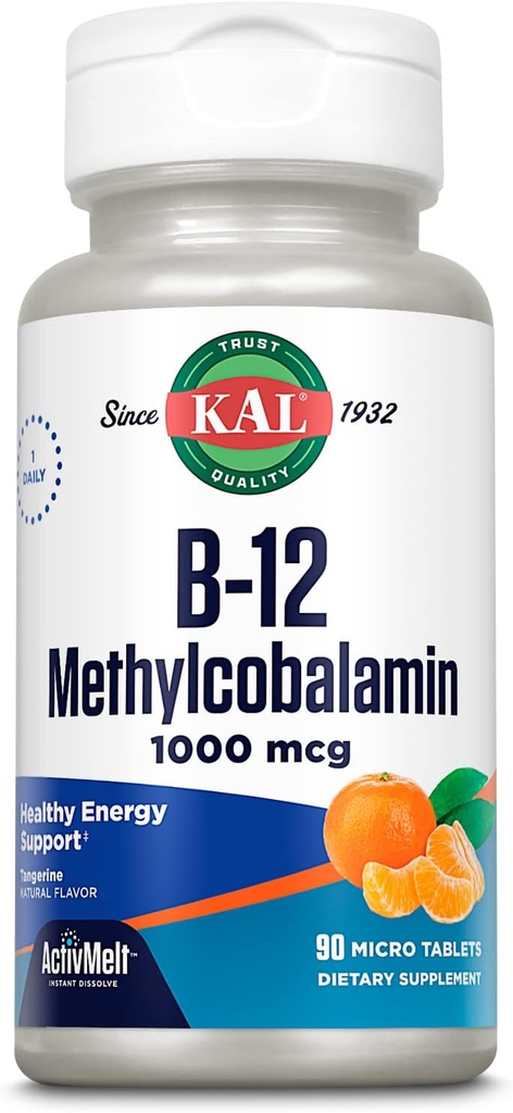 KAL Vitamina B12 Methylcobalamin 1000mcg, Energía sana, metabolismo, Nerve &amp; Red Blood Cell Support,* Fast Dissolve ActivMelt, Optimal Absorption, Natural Tangerine Flavor, 90 Servings, 90 Micro Tabs
