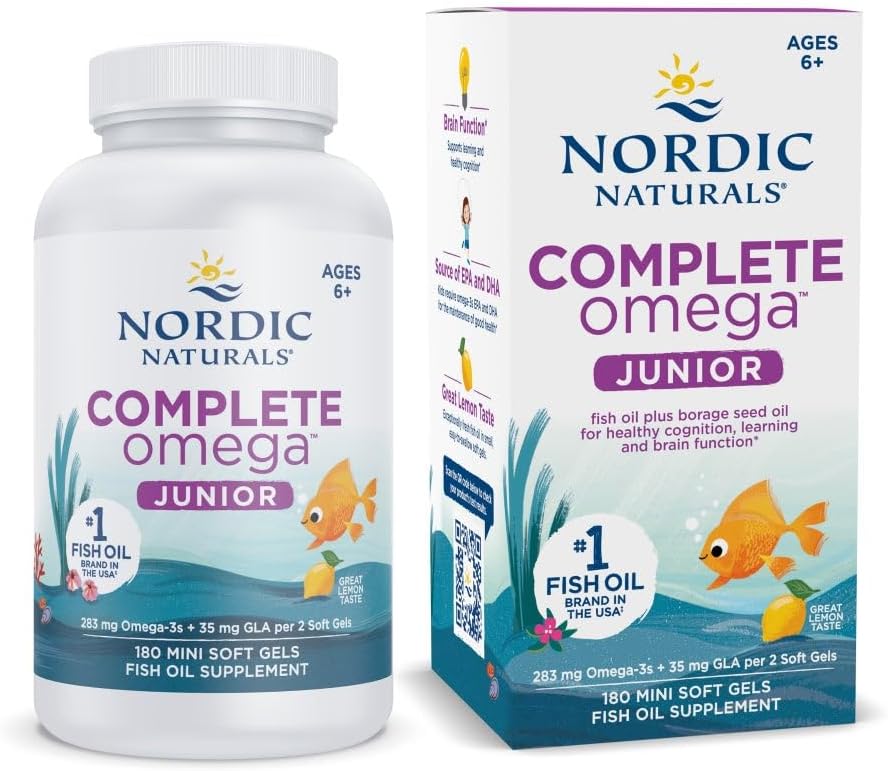 Nordic Naturals Complete Omega Jr., Lemon - 180 Mini Soft Gels - 283 mg Total Omega-3s & 35 mg GLA - Cognición saludable, función del sistema nervioso - No GMO - 90 Servimientos
