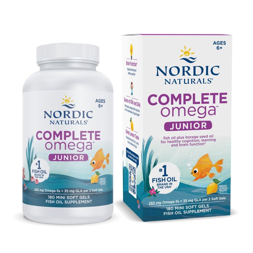 Nordic Naturals Complete Omega Jr., Lemon - 180 Mini Soft Gels - 283 mg Total Omega-3s & 35 mg GLA - Healthy Cognition, Nervous System Function - Non-GMO - 90 Servings