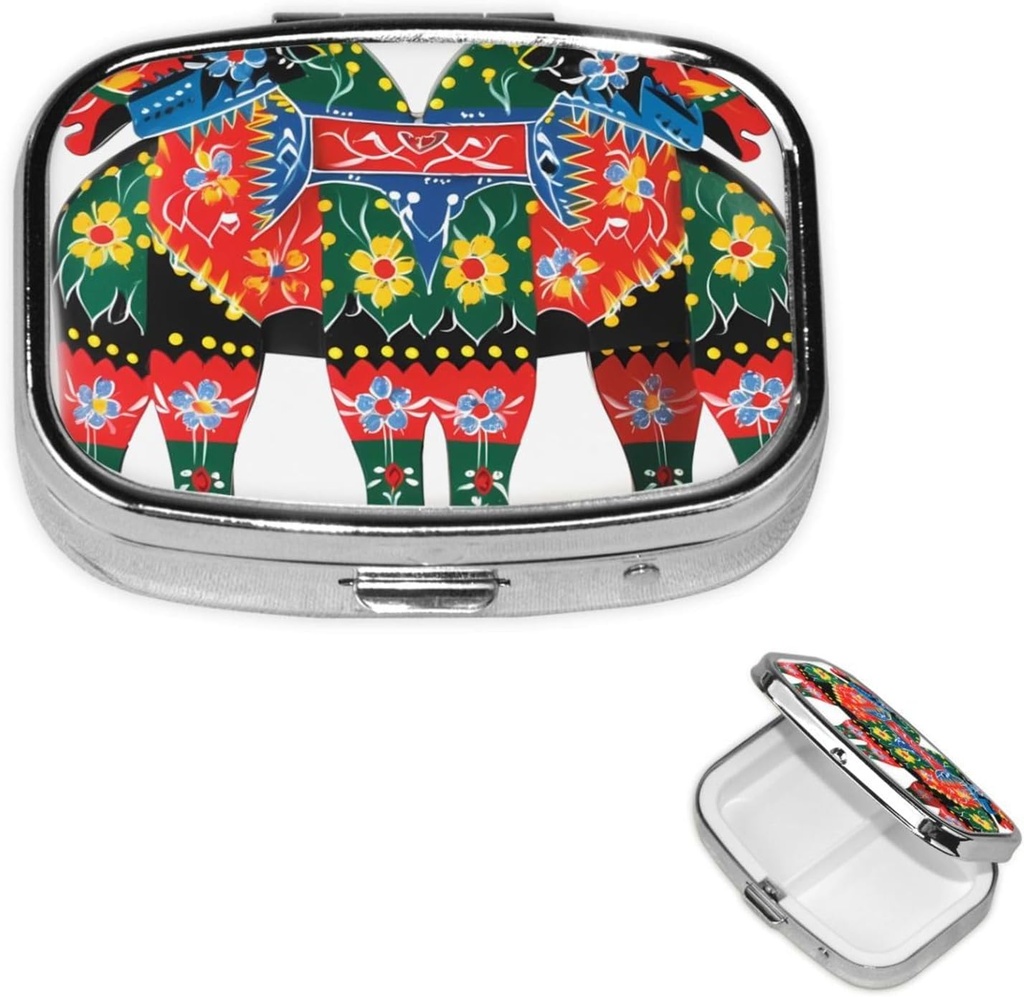 Caja de Pill Square para Purse o Pocket 2 Compartment Medicine Pill Box Portable Small Pill Organizer Runner Swedish Dala Horse Folk Travel Pillbox Medicine Vitamin Cod Liver Oil Storage Box