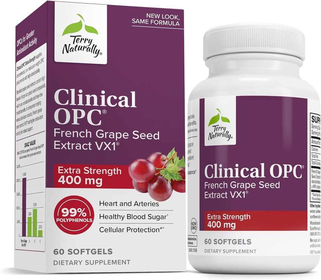 Terry Naturalmente Clínica OPC Extra Strength - Cardiovascular Health & Focus Support - Suplemento con Grape Seed Extract - Immune Support Supplement - 60 Softgels