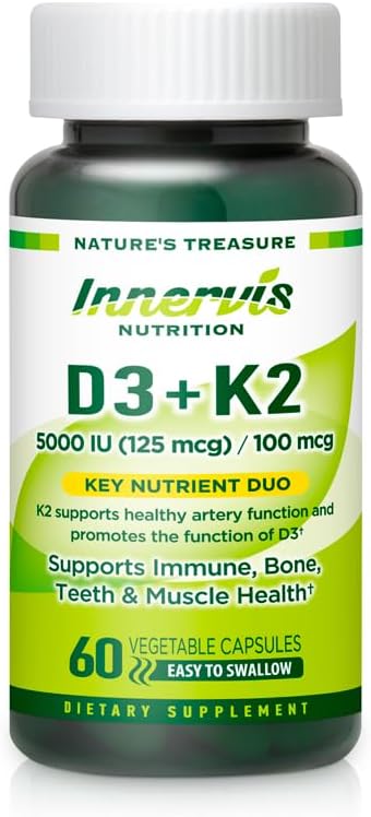 Vitamina D3 5000 UI + K2 MK-7 100mcg – Bone, Heart &amp; Immune Support, Easy to Swallow, 60 cápsulas