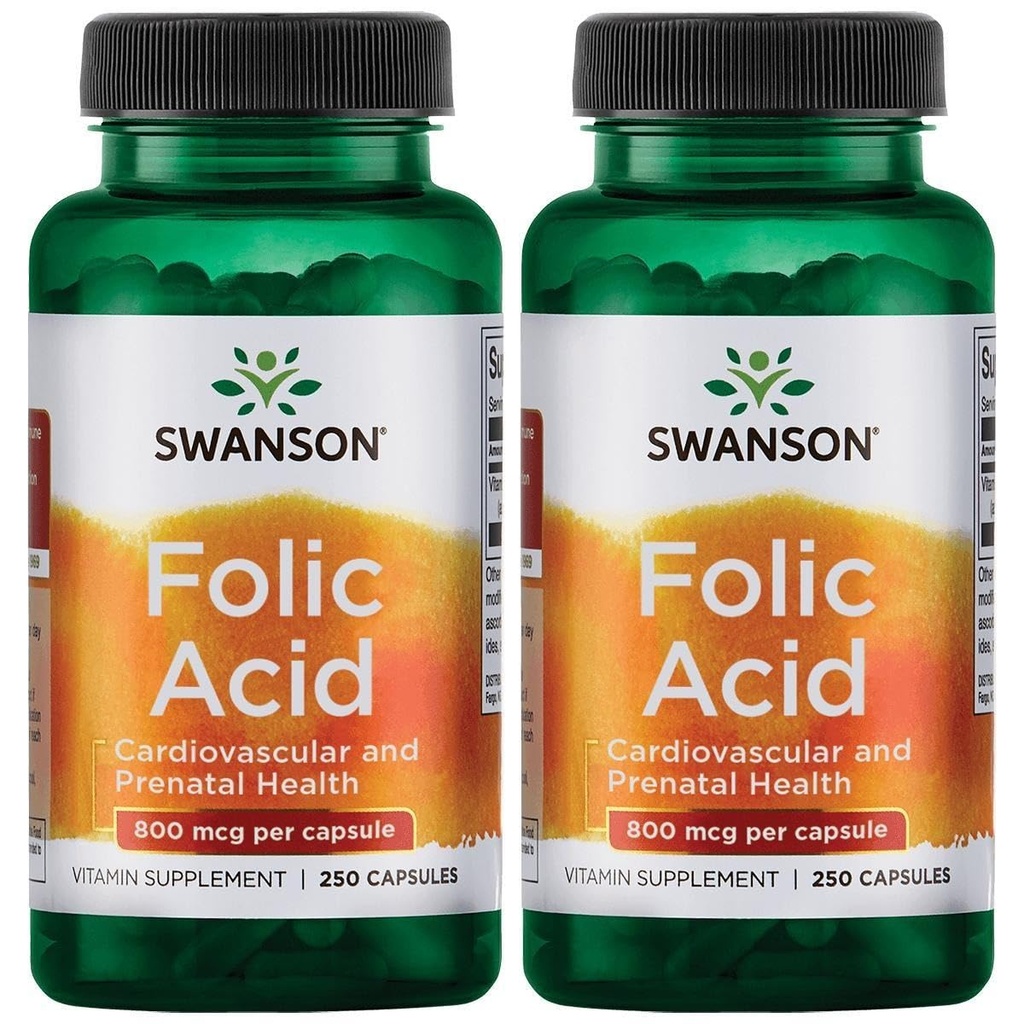 Swanson Folic Acid 800 mcg (1Vitamin 335 mcg Dfe Folate) 250 cápsulas (2 Pack)