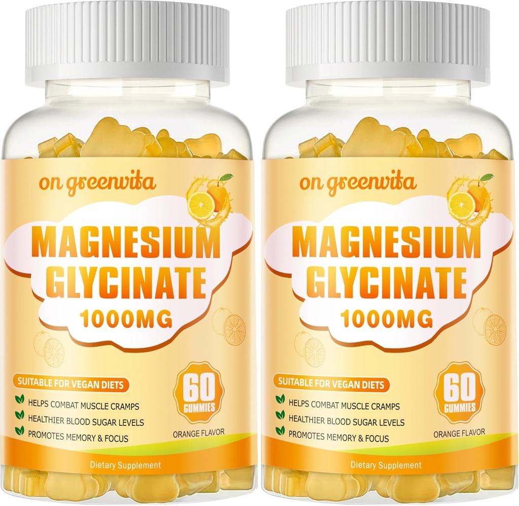 Magnesio Glycinate Gummies 1000mg - Suplemento de Potasio de Magnesio Libre de Azúcar con Vitamina D, B6, CoQ10 para calma Mood &amp; Sleep Support - 120 Orange Gummies 2 Pack