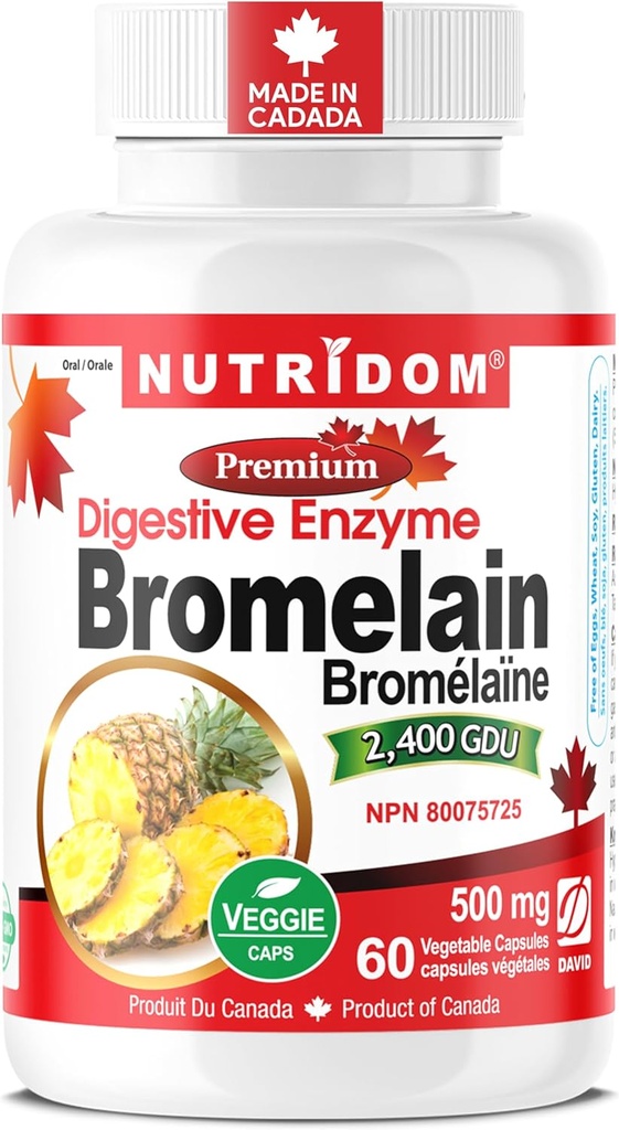 Nutridom Bromelain Digestive Enzyme Pineapple Supplements, 2400 GDU, 500mg, Non-GMO, Vegan, Free of Gluten, Soy &amp; Dairy (60 Count)